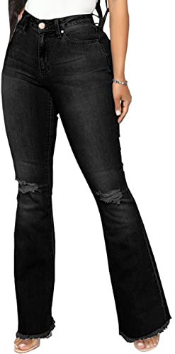 Women's Bell Bottom Jeans Elastic High Waisted Flare Jeans Raw Hem Denim Pants with Heart-Shaped Pocket, 2621black, XXL