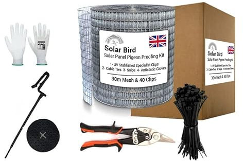 SOLAR BIRD Solar Panel Pigeon Proofing Kit Bird Deterrent Nesting wire mesh (Galvanised 30m + 40 clips)