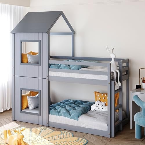Merax Etagenbett mit Leiter, Kinder Hausbett Hochbett mit Rausfallschutz und Lattenrost, Holz Baumhausbett für Mädchen & Jungen, Spielbett mit Baldachin, 200x90cm, Grau
