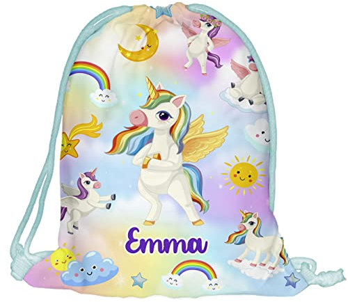Kinder Turnbeutel mit Namen Beutel Fullprint Tasche Gymsac Jutebeutel Print Bag Fitness Junge Mädchen Unicorn Colorfull [010]