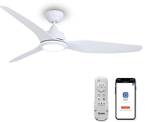 Ovlaim Ventilador de Techo Silencioso con Luz y Mando a Distancia, Verano de Invierno Función Reversible, Motor DC (ahorro energia), Compatible con APP/Alexa/Google Home, IP44, 142CM, Blanco