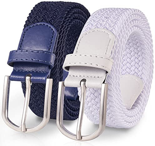 TANGCHAO 2 Stücke Stoffgürtel Stretchgürtel Elastik Flechtgürtel Geflochtener und Elastischer Dehnbarer Gürtel für Damen und Herren Breite 3.3cm Weiß+Blau 130cm