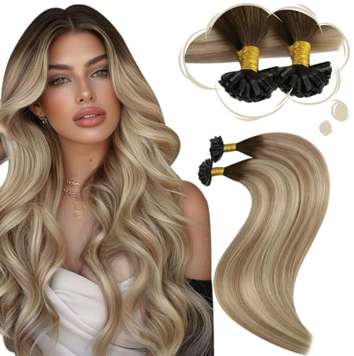 Moresoo Extensiones Queratina Remy Extensiones de Keratina Balayage Liso Castaño a Castaño Claro con Rubio Dorado Extensiones de Cabello Humano Queratina 35 cm 50S 50G #3/8/22
