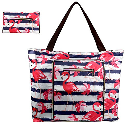 Orshawer Große faltbare Tragetasche mit Reißverschluss, wasserdicht, sanddicht, Strandtasche, Damenhandtasche, Reisetasche, Einkaufstasche, Flamingo, Large