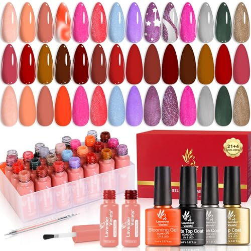 Lavender Violets 25 Pcs Gel Nagellack Sparkling Fairy Mit Fundamentkit kit Blühendes Gel,Base und Matte-Glänzende,Top Coat Dotting Drawing Nail Brush Manicure Soak Off UV LED Varnish C405