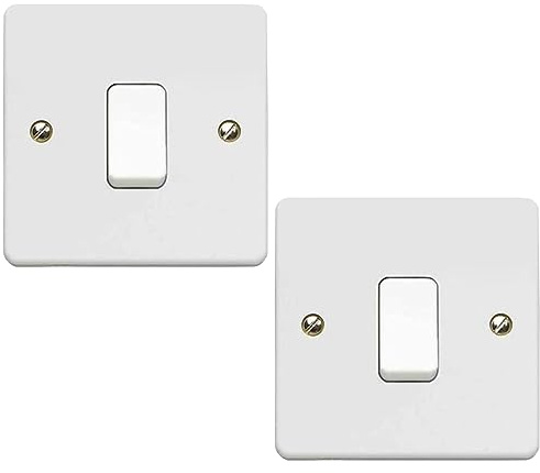 1 Gang 2 Way Light Switch - White Electrical Curved Edge Light Switches with Screws - 250 V A.C, 10AX Single Wall Switch for Home, Office, Industries, Shedes, garages etc (2)
