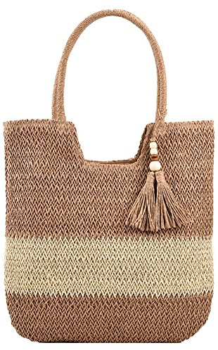 TIAASTAP Stroh Handtasche Damen, Sommer Strandtasche Stroh Groß mit Reißverschluss, Boho Bag Strohtasche Korbtasche Geflochten Basttaschen mit Quasten
