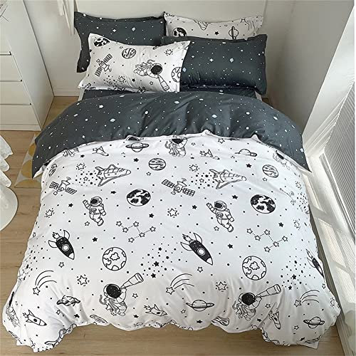 Koudi Kinderbettwäsche 135x200 Weltraum Kinder Bettwäsche Jungen Weiß Schwarz Rakete Sterne Planeten Astronat Weltall Muster Bettbezug Reißverschluss mit Kissenbezug 80x80cm