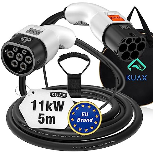 KUAX Typ 2 Ladekabel 11KW 3 Phasen Ladekabel mit 16A, 5M, 11KW, IP54, IEC-62196-2 geeignet für Model S/3/X/Y | e-Golf/e-UP/ID.3 | i3/i8 (Weiß)