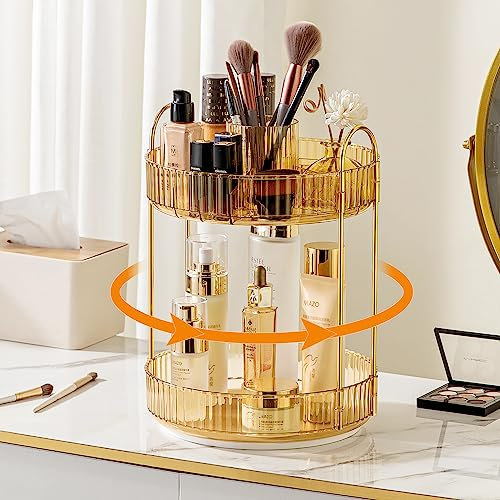 INVSSENE 360 Rotating Makeup Organizer, Large Capacity Bathroom Organizer Countertop, 2 Tiers Make Up Organizers and Storage for Vanity, for Perfume, Skincare, Cosmetics, Lipsticks, Vintage Gold