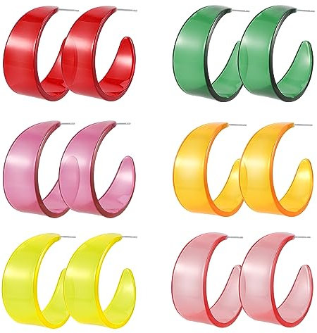 PHOGARY 6 Paar Acryl Ohrringe Creolen Bunt, 80er Jahre Accessoires Neon Modeschmuck Ohrringe, Transparente Bunte Ohrringe 70er Jahre Schmuck Accessoires, 90er Jahre Outfit für Damen
