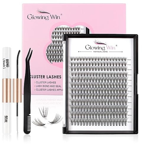 Glowing Win Faux Cils Individuel Naturel Kit Extension Cils Cluster Lashes Avec Applicateur, Bond&Seal Faux Cils Extension de Cils Professionne DIY Individual Lashes 0.07D Curl 8-15mm 228 Grappes