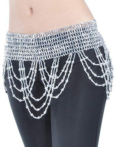 LATEAU Bauchtanz Gürtel,Münzgürtel Frauen Bauchtanz Kleidung Quaste Hüfte Schal Bauchtanz Elastic Wickelgürtel mit Gold/Silber Perlen Fransen (Color : Silver Cross Beads, Size : L)