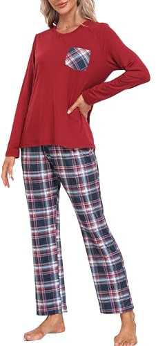 MoFiz Pyjama Femme Hiver Ensemble de Pyjama Noel Confortable Haut Manche Longue Bas Pyjama Femme à Carreaux 781-57 XL