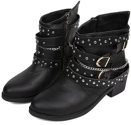 luoluoluo Damen Stiefeletten Biker Boots - Stiefel mit Nieten Blockabsatz - Bequeme Herbst Winter Frauen Schuhe Schnallen Vintage Cowboy Stiefel Damen Ankle Boots Frauen Stiefeletten