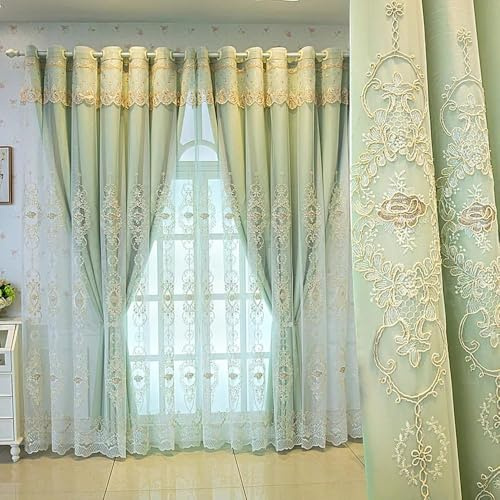 Amidoudou 1 Pair European Double Layer Curtains with Valances for Living Room Bedroom 3D Flower Embroidered Curtains (Green,66 x 90 Inch)