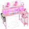BEXEVUE L Shaped Desk with Power Outlets LED - 120x70 cm Corner Computer Desk Writing Table, Reversible Large Storage Shelves, Bookshelf Workstation for Study Play Work Bedroom Home Office Carbon Pink