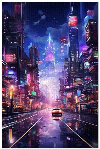 1000-teilige Holzpuzzles für Erwachsene, futuristisches Cyberpunk-Stadtbild bei Nacht (A ; 1000)