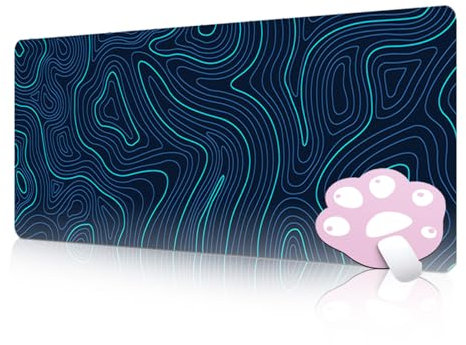 FAIRYGATE Desk Protector Mat Large Gaming Pad Stitched Edges Minimalist Topographic Map Extended XL Mousepad Anti Slip Base Cool for Keyboard Blue and Black B6309-L