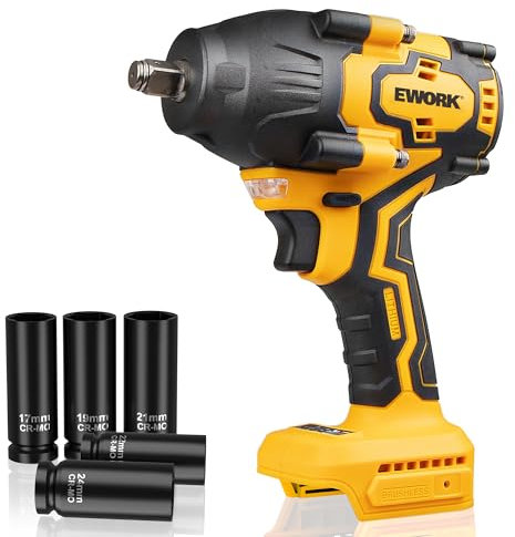 EWORK 21V 1/2 Brushless Cordless Impact Wrench - 775 Ft-lbs High Torque, Compact 4.1lbs Design, 3-Speed Modes with 5 Sockets | Compatible with Makita 18V Batteries (Tool Only)