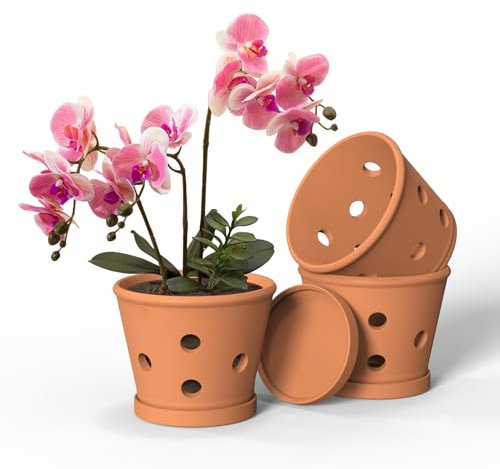 Orchideentöpfe aus Terrakotta, 15,2 cm, Orchideentopf mit Löchern und Untersetzern, 3 Stück, Ton-Orchideen-Pflanztöpfe zum Umtopfen, Terrakotta-Topf, großer Bulk-Blumentopf für drinnen und draußen,