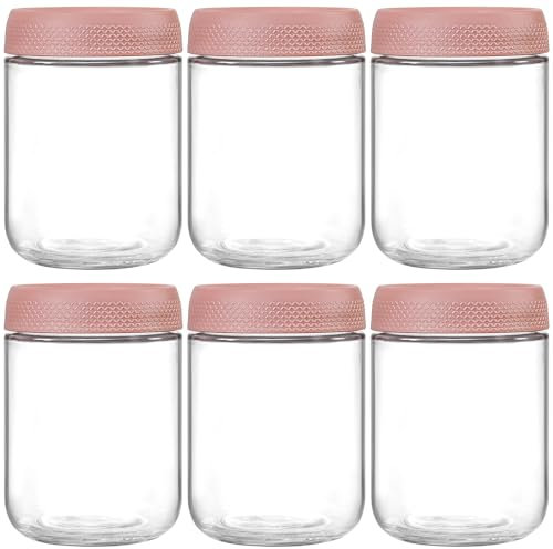 NETANY 6-pack 16oz Glass jars with Airtight Lids, Overnight Oats Containers with Lids, Wide mouth Mason Salad jars, Glass Food Storage Containers for Snacks Yogurt Spice Sugar-Pink
