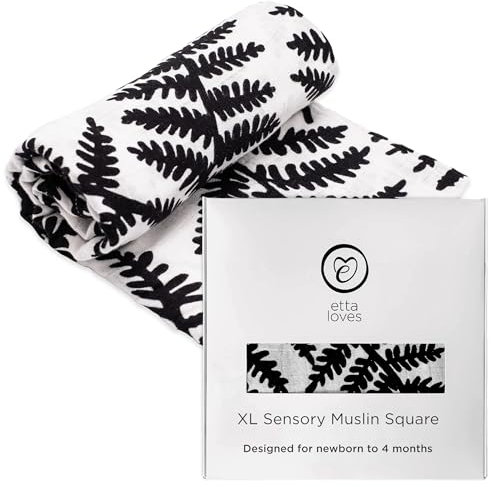 Etta Loves Extra großes Musselintuch mit Farn-Druck, schwarz-weiß, sensorisches Musselin-Quadrat, Mehrzweck-Baby-Essentials für Neugeborene bis 4 Monate (1er-Pack)