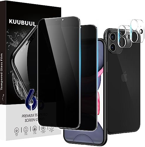 KUUBUUL Privacy Pellicola Protettiva per iPhone 11 con 2 Pezzi di Pellicola Protettiva per Fotocamera, [2+2 Pezzi] Protezione Dello Schermo in Vetro Temperato Anti-spia per iPhone 11