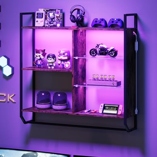 EYCOAL Gaming Floating Shelves, Wall Mounted Wooden Decor Display Shelf with 34 LED Lights and Adjustable Glass Bar Wine Shelf, Extra Hanging Hooks Storage for Gaming Room and Living Room