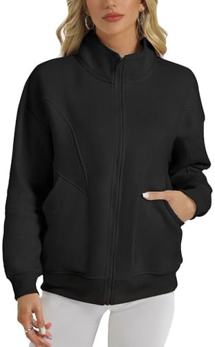 Wenlia Fleecejacke Damen Schwarz Durchgehender Reißverschluss Oversize Sportlich Lässig Outdoor Sweatshirt Jacken mit Große Taschen Größe XXL 50-52
