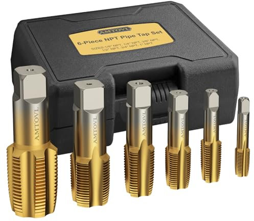 AMTOVL 6pcs Taraud à Filetage Métrique 1/8''1/4''3/8''1/2''3/4''1'' NPT Foret Perçage Robinets Fabrication Gcr15 avec une Housse Portable Taraud Fraisé pour Plombiers, Mécaniciens et Bricoleurs