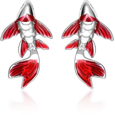 Fisch Ohrringe Silber 925 Stecker - Qings Koi Fisch Damen Echte Sterling Silber Karpfen Ohrringe Ohrstecker Glückliche Geschenk für Damen Mädchen Tochter Enkelin Kinder Ohrschmuck