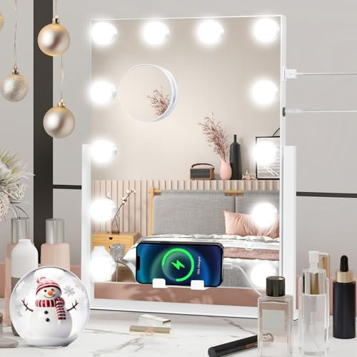 YU YUSING Hollywood Schminkspiegel mit Beleuchtung, 12 LED Licht 360° Drehung Kosmetikspiegel mit 3 Lichtfarben, USB Plug, Touch Steuerung, Tischspiegel für Schminktisch Schlafzimmer 30x40cm