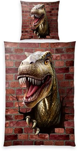 Familando Dinosaurier Bettwäsche für Jungen 135x200 80x80 cm · Dino Bettwäsche mit Reißverschluss Kinderbettwäsche aus 100% Baumwolle · mit T-Rex und Muster auf Rückseite (Rot)