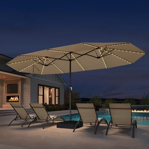 PURPLE LEAF Grand Parasol de Jardin Extérieur 4,55 x 2,7 x 2,4 m avec Pied et LED Solaire, Parasol Rectangulaire Double à Manivelle en Aluminium avec 12 Baleines pour Balcon, Terrasse, Cafés, Beige