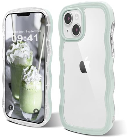 ORDA for iPhone 15 Case Cute Wave Frame Curly Shape Shockproof Hard PC Phone Cover for Women and Girls Compatible with for iPhone 15 6.1 inchs- Mint Green