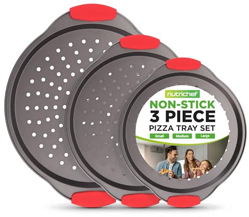 Nutrichef 3-teiliges Pizzablech Set Antihaftbeschichtet, gelochtes Backblech Rund mit Silikongriffen, Pizzableche Spülmaschinengeeignet, Backset PFOA-, PFOS- & PTFE-frei für den Backofen, Grau