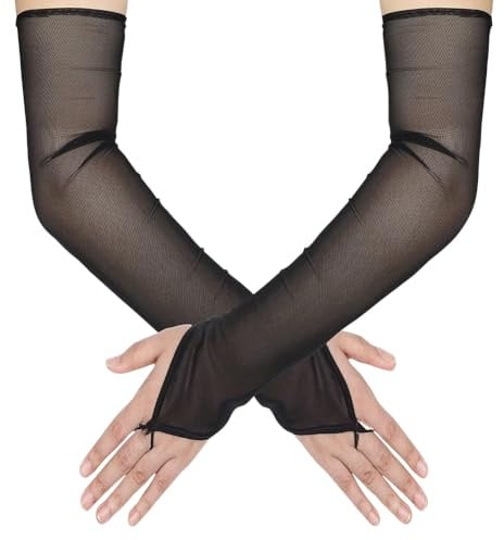 FSSTUD Lange fingerlose durchsichtige Handschuhe, Tüllnetz, Hochzeitshandschuhe, Ellenbogenlänge, Opernhandschuhe, Fäustlinge, Tanzparty, Armstulpen, Schwarz