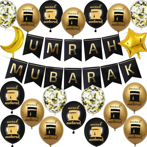 Umrah Mubarak Dekoration Ramadan Dekorationen – 21 Stück Schwarz Gold Umrah Mubarak Banner Mond Stern Ballon Latex Ballons für Ramadan Muslim Eid Umrah Mubarak Abschlussdekorationen