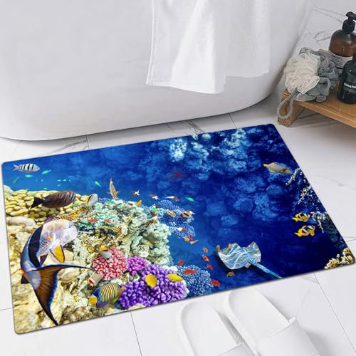 FSDGY Badvorleger Fußmatte Flauschig Teppich Badezimmerteppich Duschmatte für Bade & Wohnzimmer Schlafzimmer,Ozean, Wasserwelt Wilde Korallen Exotische Fische,40x60 cm