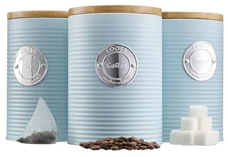 Cooks Professional 3 Piece Ribbed Tea, Coffee, & Sugar Cannisters with Air-Tight Bamboo Lids | Stainless Steel Kitchen Storage Bin Set | Modern & Stylish | Blue & Silver