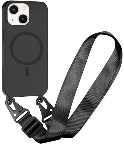 SLWYF Magnetische Handykette für iPhone 13 Mini Hülle, Handyhülle Kompatibel mit MagSafe, mit Band Silikon Seil Necklace Handyhülle PU Stoßfest mit Abnehmbar Hülle, Schwarz