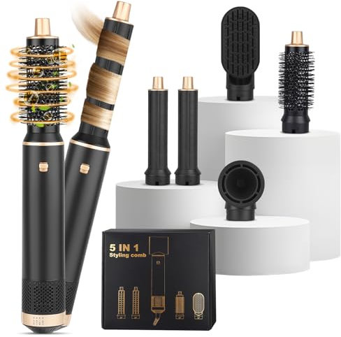 Airstyler Pro 5-in-1 Hairstyler Set, 110.000 U/min Hochleistungsmotor + Negativ-Ionen, 3 Temperaturstufen (50-105°C), Leise Warmluftbürste mit Lockenstab, Föhn & Glättbürste, 88dB, Für alle Haartypen