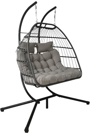 Double Seats Foldable Rattan Swing Chair Hammock with Steel Stand Weather-Resistant Hanging Chair for Patio Garden Indoor Outdoor (Double Grey Ratten Hanging Chair with Light Grey Cushion)