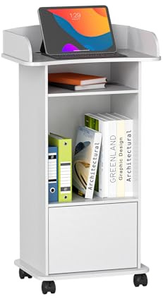 Suuiwau Stehpult Podiumständer mit Schublade Rednerpult aus Holz mit Rollen Holz-Podium mit mehrstufiger Ablage für Schulen, Heime, Seminare und Kirchen Weiß (60 * 40 * 101 cm)