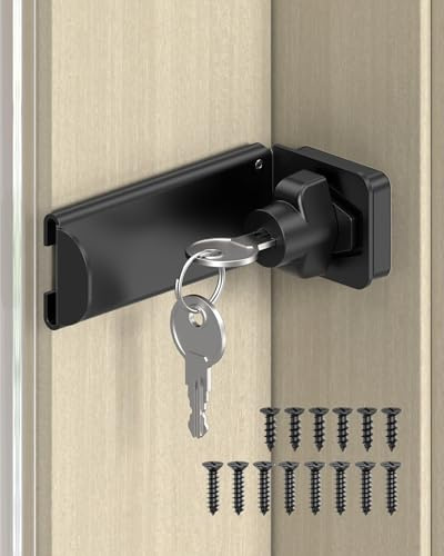 MeBantoo 90 Degree Door Hasp Latch Lock, Home Security Right Angle Latch, Sliding Barn Door Lock for Gate, Bedroom, Fence, Garden (Black, 3.3 Inch with Key-1 Pc)
