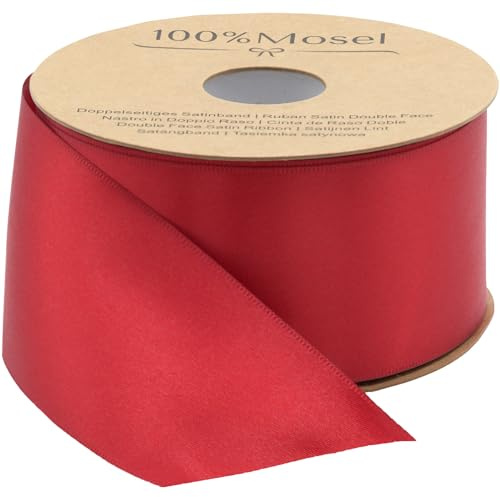 100% Mosel Satinband, in Rot (50 mm x 24 m), matt glänzendes Geschenkband | Edles Schleifenband zum Dekorieren, Basteln und Verpacken – für Weihnachten und Adventszeit
