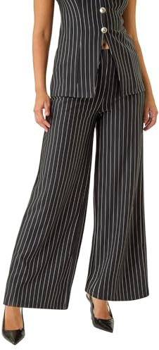 Roman Wide Leg Trousers for Women UK Ladies Palazzo Pants Evening Jersey Elasticated High Waist Smart Flared Culotte Office Work Going Out Loose Crepe Bottoms - Stripe Black - Size 18