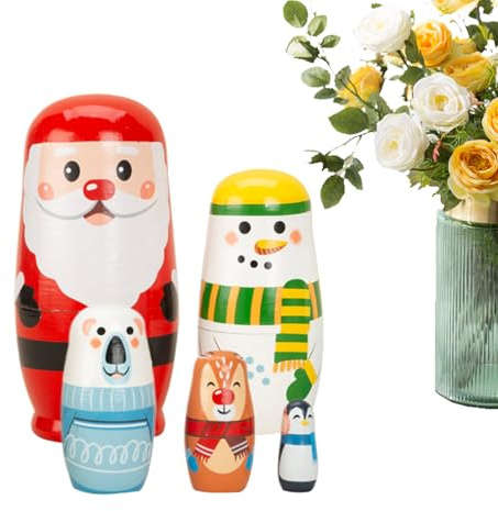 Krippenfiguren – Set aus stapelbaren Weihnachtsfiguren aus Holz, 5-teilig, Elchornament, handgefertigt, Kollektion von Urlaubsdekorationen | Für Kleinkinder,
