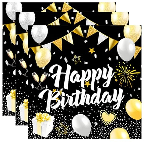 40 Stück Servietten Geburtstag, 33x33cm Servietten Schwarz Gold,Tischdeko Geburtstag mit Ballondruck Papierservietten für Mann, Frau, Kinder Geburtstags Party Deko